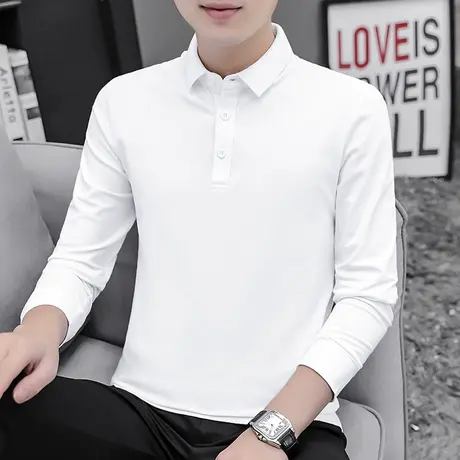 秋季翻领男士长袖t恤纯色商务保罗polo衫有领白色秋衣带领打底衫商品大图