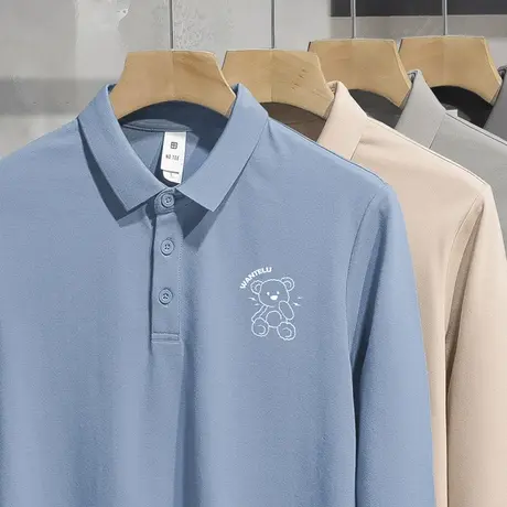 丝光珠地棉翻领t恤小熊polo衫男士长袖商务带领打底衫有领秋衣服图片