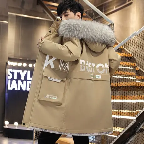 男士棉衣中长款2023年新款潮牌加厚毛领工装派克服冬季男棉服外套商品大图