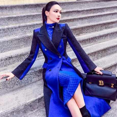 VJE毛呢外套女中长款秋冬新款时尚修身西装领双排扣呢子大衣商品大图