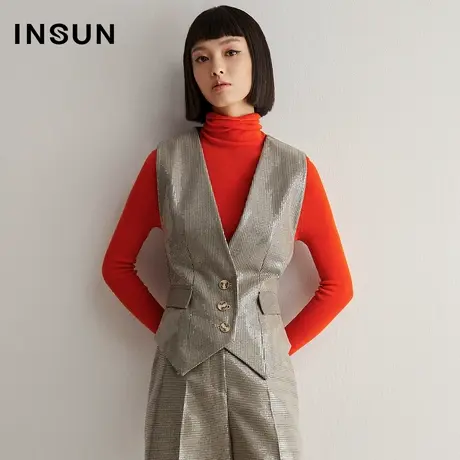 恩裳珠片格纹修身背心潮流马甲冬季图片