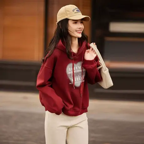 时尚加厚休闲爱心连帽卫衣女士2023年冬季新款百搭休闲短款外套商品大图