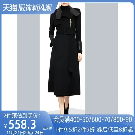 不规则设计感加厚西装毛呢外套女冬2023新款拼接pu皮过膝呢子大衣图片