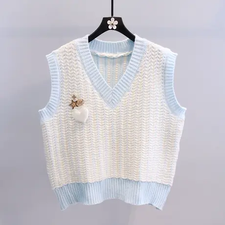 小清新学院风V领针织马甲女春装2023年新款宽松减龄无袖毛衣背心图片