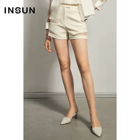 INSUN恩裳夏季拼接通透网纱短裤小个子图片