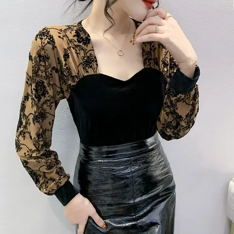 欧货气质泡泡袖T恤女春秋性感网纱拼接上衣复古内搭打底衫长袖ins商品大图