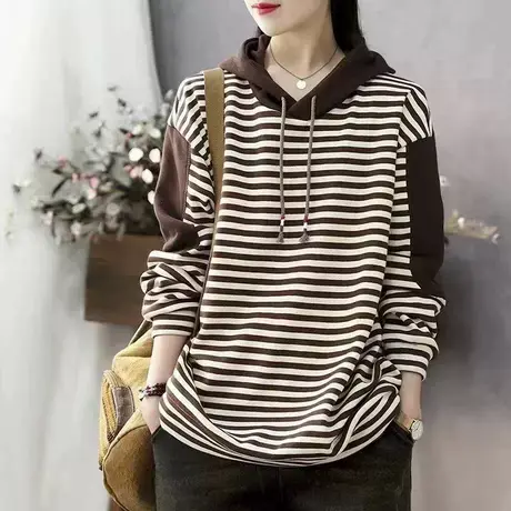 2023秋季新款韩版复古文艺抽绳连帽卫衣女宽松条纹拼色打底上衣潮图片