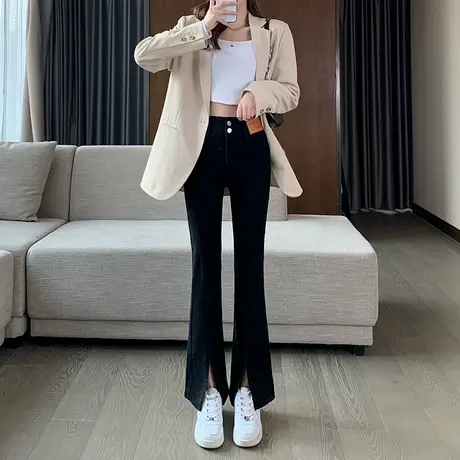 开叉牛仔裤女2023年新款高腰显瘦黑色微喇裤子春秋季小个子喇叭裤商品大图