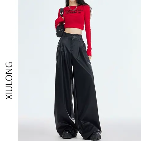 黑色休闲阔腿裤女春秋季2023新款显瘦直筒宽松拖地美式PU皮西装裤图片