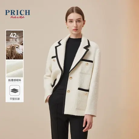 【绵羊毛混纺】PRICH23冬新款小香风撞色平驳领微落肩西装外套女商品大图