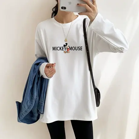 白色磨毛加厚打底衫女秋冬洋气内搭宽松圆领纯棉t恤秋装长袖上衣图片