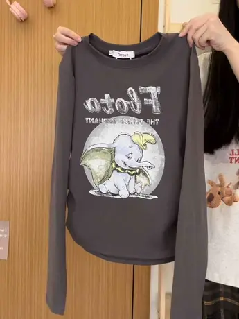 红续卡通小象字母收腰长袖T恤女复古学院风显白内搭上衣秋冬新款商品大图