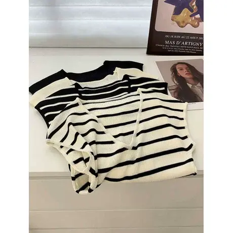 凉感冰丝条纹V领针织背心女2023夏季修身显瘦气质百搭包肩无袖T恤商品大图