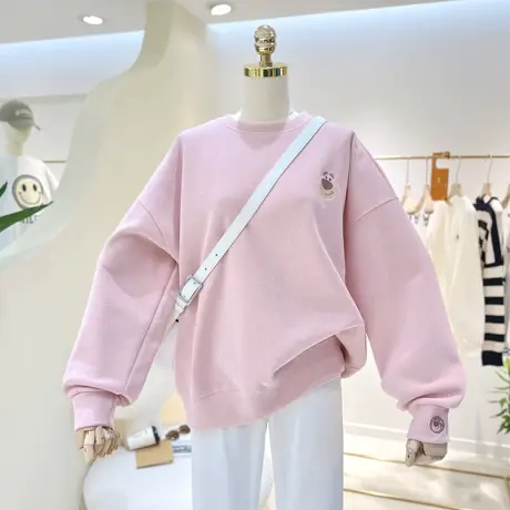 后背字母卡通刺绣萌熊韩版春秋宽松大码减龄圆领套头卫衣女外套图片