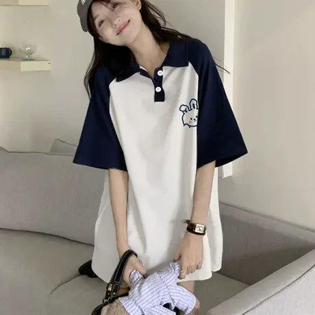 夏季新款减龄Polo领上衣2023新款复古学院风ins潮插肩袖t恤短袖女图片