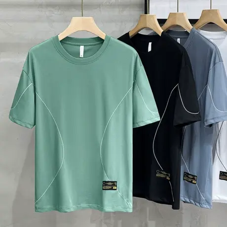 设计刚潮流个性几何线条绣花宽松男士圆领短袖t恤上衣男夏季半袖商品大图