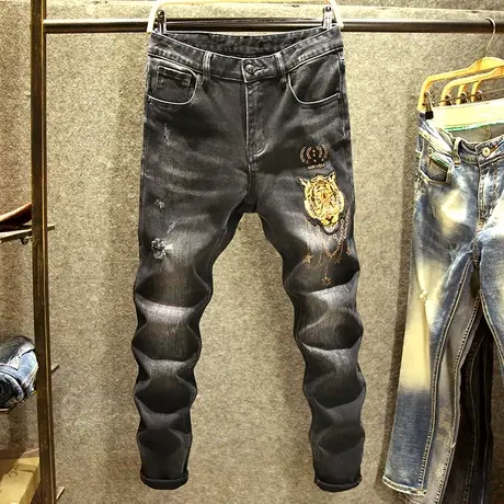 欧货黑色破洞牛仔裤男潮牌修身小脚裤子高端虎头刺绣春秋弹力长裤商品大图