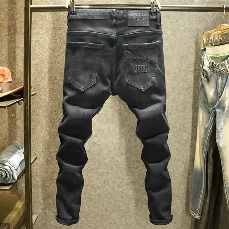 秋季黑色高端牛仔裤男款潮牌时尚烫印修身小脚裤重工猫爪磨破裤子商品大图