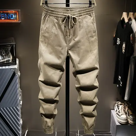 夏季薄款松紧腰系带工装裤男潮牌拼接休闲长裤子男束脚运动裤男潮商品大图