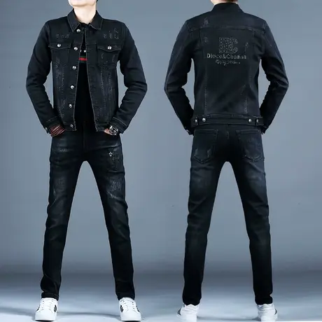 黑色牛仔套装男款秋冬2023新款牛仔外套夹克上衣男士刺绣修身裤子商品大图