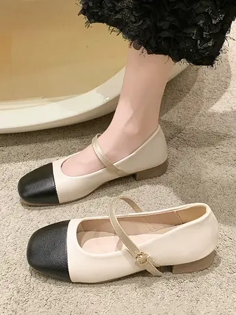 方头玛丽珍鞋2023春秋新款小香风拼色平底单鞋法式复古浅口小皮鞋商品大图