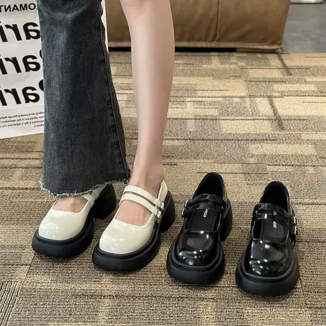 复古英伦厚底小皮鞋女2023新款秋季百搭配裙子小个子玛丽珍高跟鞋商品大图