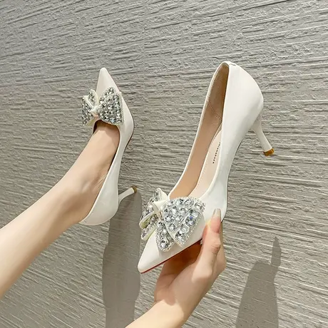 蝴蝶结尖头水钻高跟鞋女2024新款浅口中跟配裙子法式气质职业单鞋商品大图