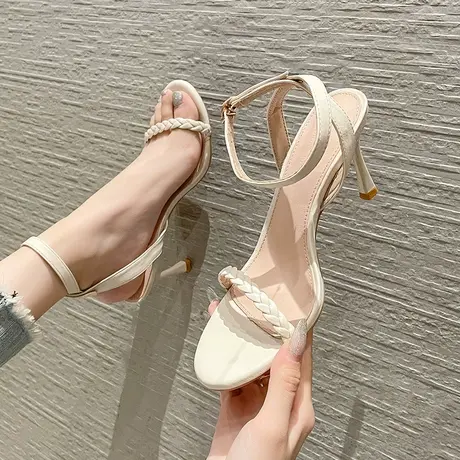 一字带编织露趾高跟鞋女细跟2024年夏季新款性感少女后空气质凉鞋商品大图