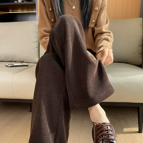 加绒加厚阔腿裤女秋冬款羊羔绒小个子垂感休闲窄版直筒灯芯绒裤子图片