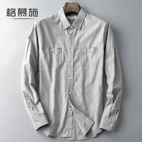 格慕施秋季纯棉条纹长袖衬衫男士宽松潮流休闲衬衣帅气竖条寸衣服图片
