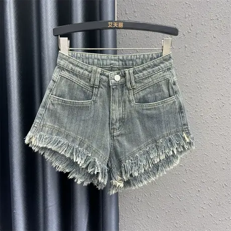 辣妹做旧牛仔短裤女24春季新款个性毛须边设计感高腰显瘦阔腿热裤图片
