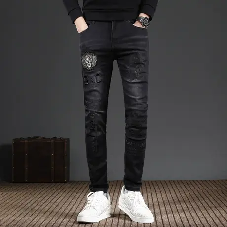 高端黑色刺绣牛仔裤男秋冬款2023新款修身小脚潮牌潮流弹力男裤子商品大图