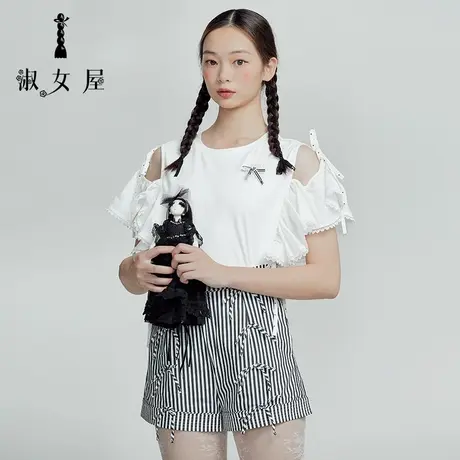 淑女屋官方旗舰店正品夏装新吊带蝴蝶结公主露肩短袖针织T恤上衣商品大图