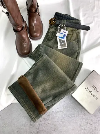 美式复古格纹加绒牛仔阔腿裤2023冬季新款显瘦百搭高腰宽松直筒裤商品大图