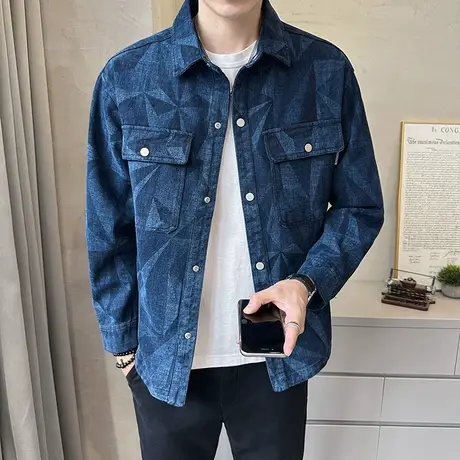 秋季满印花拼接水洗牛仔外套潮牌痞帅街头工装夹克潮男上衣秋装商品大图