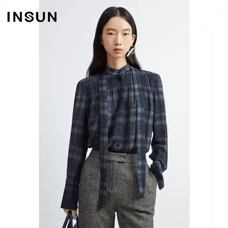 INSUN恩裳冬季系带领丝毛格纹衬衫商品大图