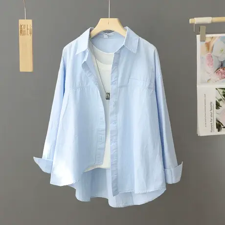 蓝色韩版衬衫外套女设计感小众上衣春秋女装时尚休闲宽松简约衬衣商品大图