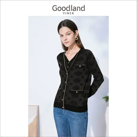 Goodland女装2022冬季双毛料提花V领套头长袖针织衫图片