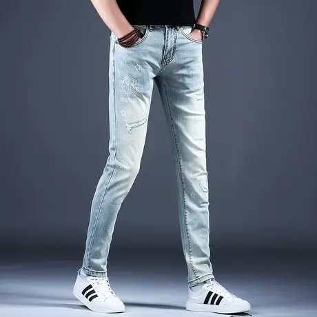 复古做旧破洞印花牛仔裤子男款修身小脚裤子潮流男士长裤美式高街商品大图