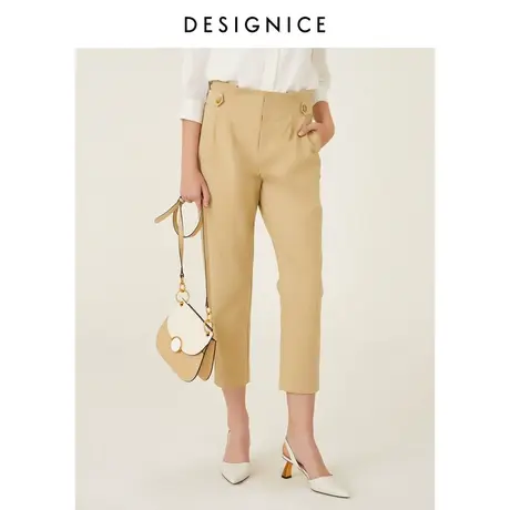 迪赛尼斯春新款高腰通勤胡桃色束腰收腰简约长裤休闲裤女图片
