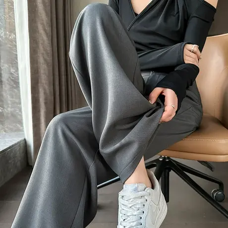 灰色休闲西装裤女2024春秋新款高腰显瘦宽松垂感直筒窄版阔腿裤子图片