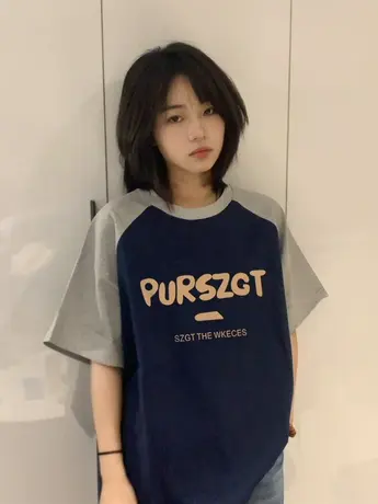 插肩纯棉短袖t恤女2023夏季美式复古潮牌小众设计感宽松半袖上衣商品大图