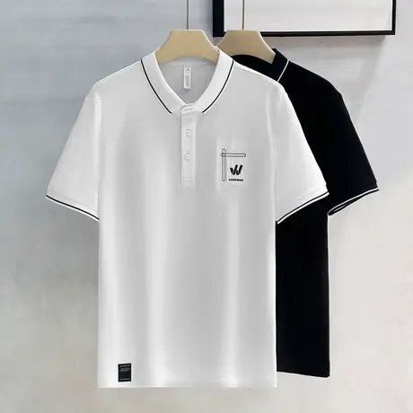 男士2024夏季新款潮流修身休闲时尚翻领短袖t恤POLO衫纯色半袖棉t商品大图