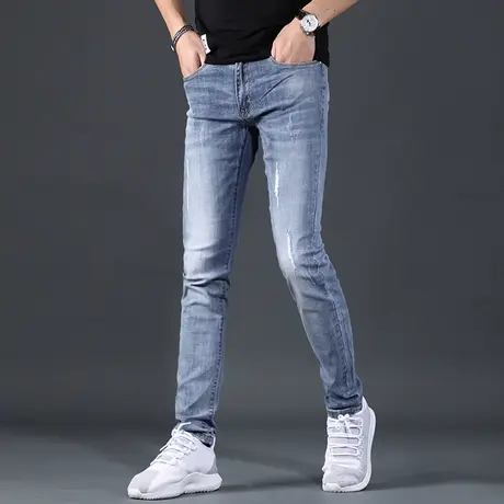 清仓 牛仔裤男款秋季修身小脚浅蓝色弹力休闲男士牛仔裤冬季加绒商品大图