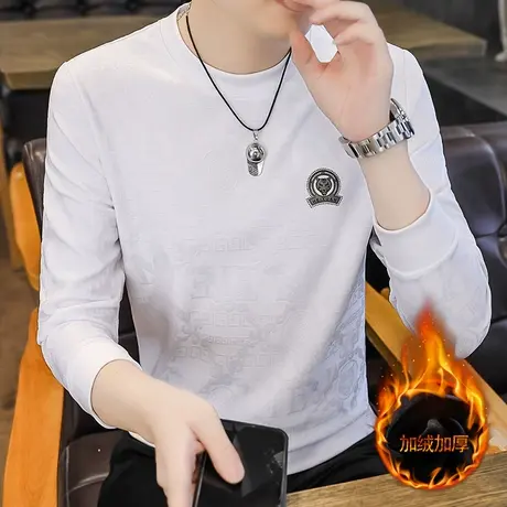 2023秋冬新款男士加绒加厚长袖T恤衫高档提花加肥加大码保暖卫衣商品大图