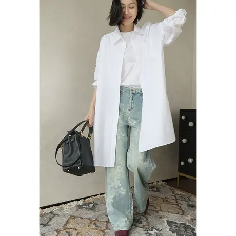 宽松时尚阔腿裤女2024春夏新款设计感复古提花高腰显瘦直筒牛仔裤图片