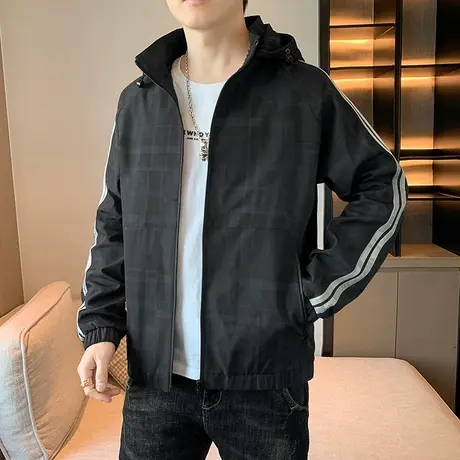 潮牌秋季可拆卸连帽外套男装春秋款防风男生条纹夹克男士2023新款图片