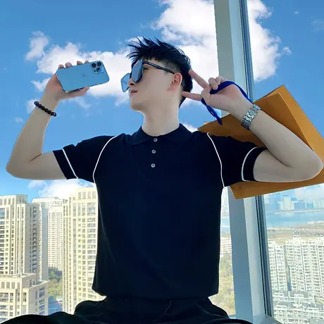 夏季短袖POLO衫男ins纯色简约半截袖小众高级感薄款半袖T恤针织衫商品大图