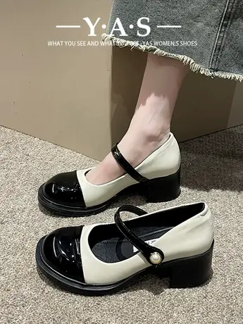 法式晚晚玛丽珍鞋女2024春季新款法式复古粗跟小皮鞋黑白高跟单鞋商品大图