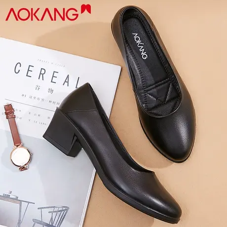 奥康女鞋春季女鞋真皮尖头高跟鞋工作鞋粗跟中跟单鞋女商品大图